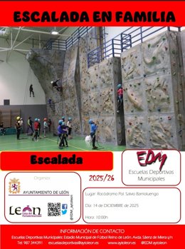 Cartel de la jornada de escalada en familia, una de las actividades de las EDM de León que se desarrollarán este fin de semana.