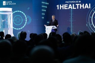 El presidente da Xunta, Alfonso Rueda, en el acto de presentación de la factoría de inteligencia artificial '1HealthAI'.