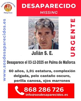 Cartel de SOS Desaparecidos para identificar al hombre desaparecido en Palma desde el 3 de diciembre.