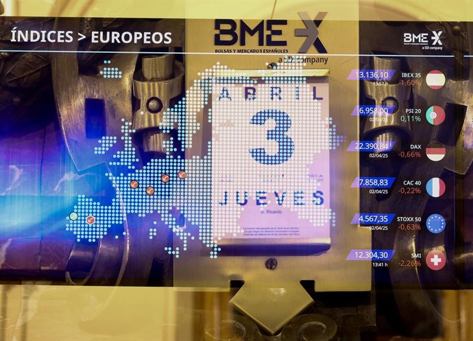 Archivo - Paneles del Ibex, en el Palacio de la Bolsa de Madrid, a 3 de abril de 2025, en Madrid (España). El Ibex 35 ha iniciado la sesión de este jueves, 3 de abril, con una caída del 1,58%, lo que ha llevado al selectivo madrileño a situarse en los 13.
