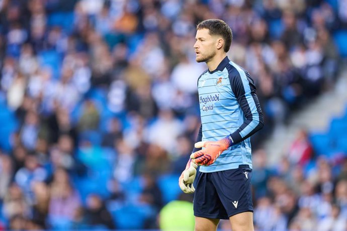 Alex Remiro of Real Sociedad looks on during the LaLiga EA Sports match between Real Sociedad and Villarreal CF at Anoeta on November 30, 2025, in San Sebastian, Spain.