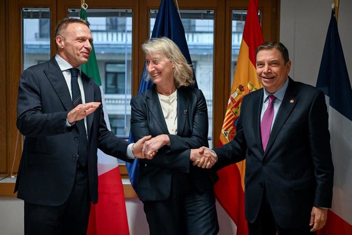 El ministro de Agricultura y Pesca, Luis Planas, junto a sus homólogos de Italia, Francesco Lollobrigida, y Francia, Catherine Chabaud, en el marco de la reunión en Bruselas.