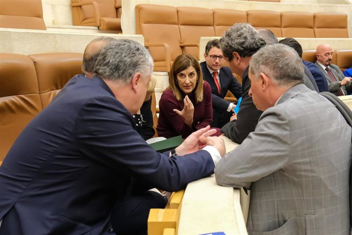 La presidenta, María José Sáenz de Buruaga, junto a los consejeros y diputados del PP en el Parlamento.- Archivo