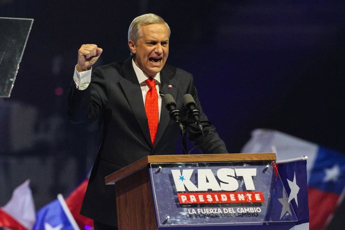 Archivo - November 11, 2025, Santiago, Chile: Presidential candidate Jose Antonio Kast delivers a speech during his presidential campaign closing event held at the Movistar Arena with thousands of supporters.