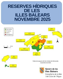 Mapa de las reservas hídricas de Baleares en noviembre de 2025