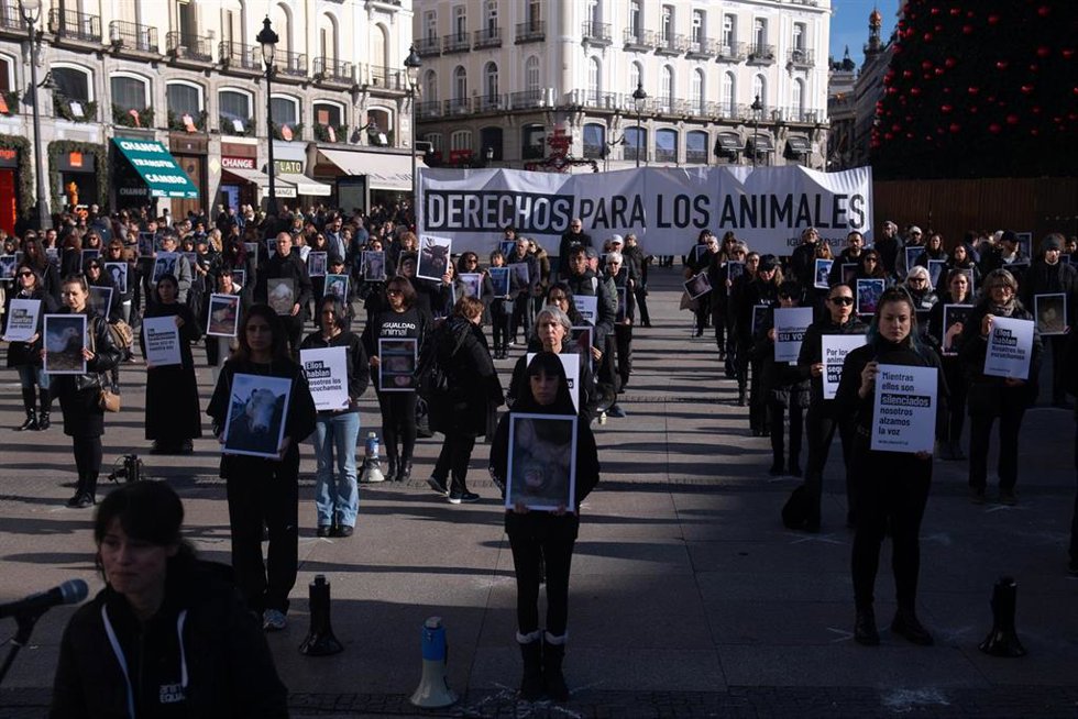 Concentración por el Día Internacional de los Derechos de los Animales (DIDA), organizada por Igualdad Animal, en la Puerta del Sol, a 13 de diciembre de 2025, en Madrid (España).