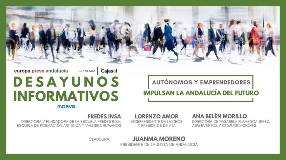 Cartel anunciador del desayuno informativo de Europa Press titulado 'Autónomos y emprendedores impulsan la Andalucía del futuro' que se celebra el 15 de diciembre en Jerez de la Frontera (Cádiz) y que clausura el presidente de la Junta, Juanma Moreno