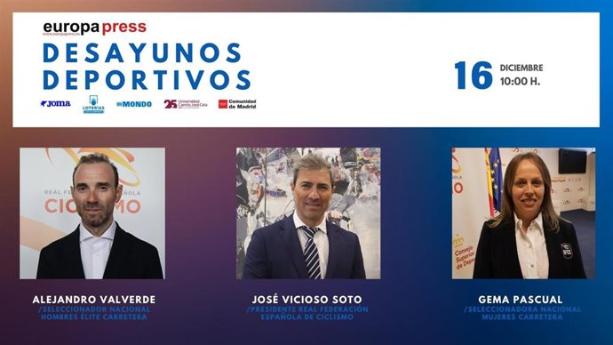 El presidente de la Real Federación Española de Ciclismo (RFEC), José Vicioso, y los seleccionadores nacionales de carretera, Alejandro Valverde y Gema Pascual, harán balance del histórico 2025 este martes en los Desayunos Deportivos de Europa Press.