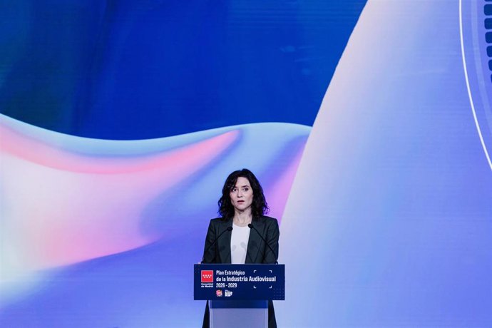 La presidenta de la Comunidad de Madrid, Isabel Díaz Ayuso, presenta el Plan Audiovisual del Gobierno regional, en Madrid Content City, a 12 de diciembre de 2025, en Tres Cantos, Madrid (España). 