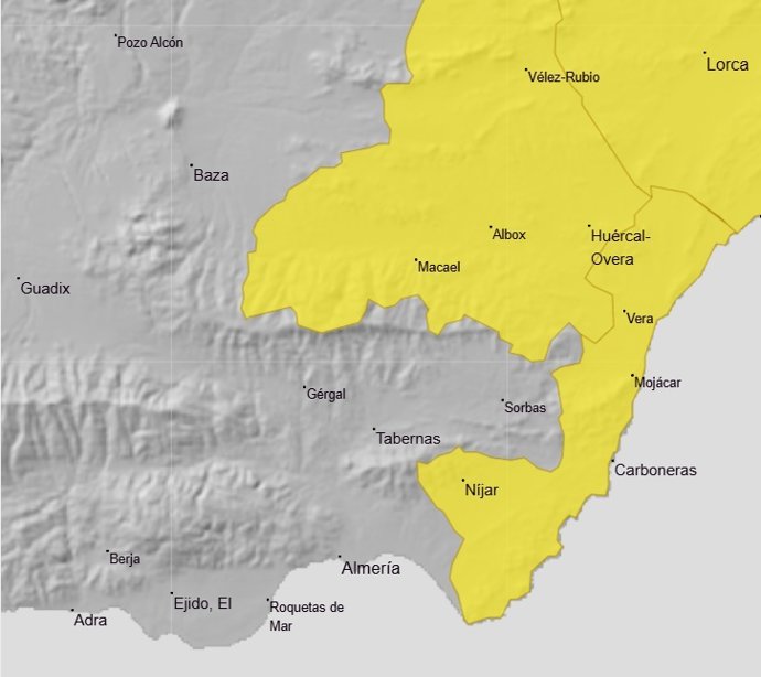 Avisos amarillos en el Levante y Norte de Almería.