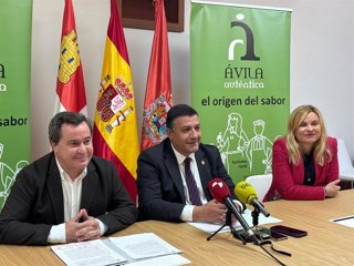 El presidente de la Diputación, Carlos García, junto al vicepresidente primero y diputado de Desarrollo Rural y Medio Ambiente, Jesús Martín, y la directora técnica de Ávila Auténtica, Gemma Rodríguez, en la rueda de prensa de los VI Premios Excelencia.