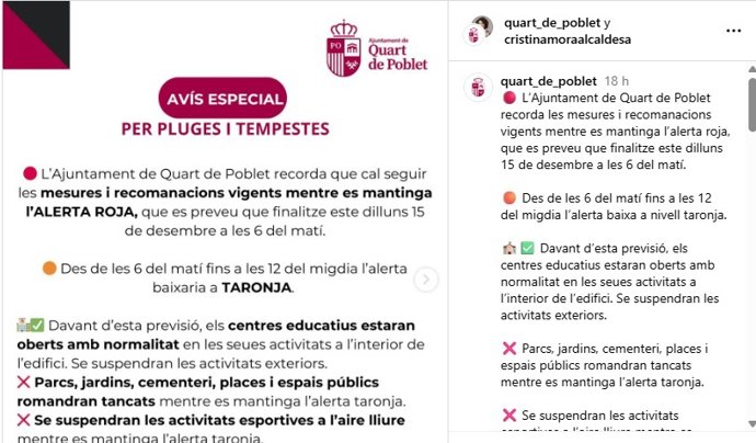 Una de las publicaciones del Ayuntamiento de Quart por la alerta roja