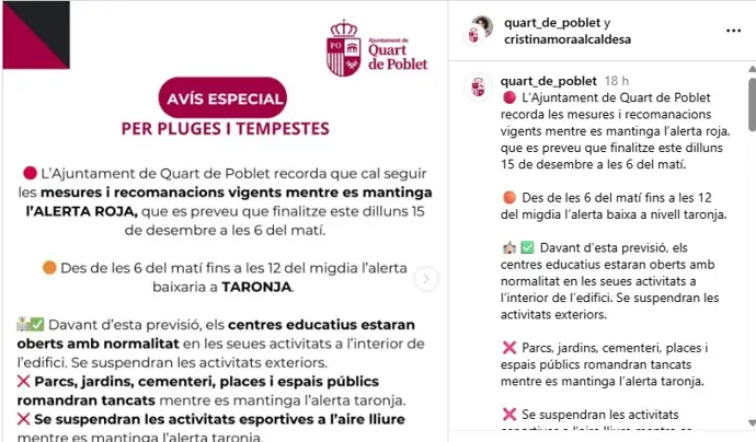 Una de las publicaciones del Ayuntamiento de Quart por la alerta roja
