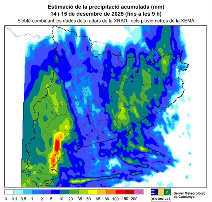 Estimació de la precipitació acumulada el 14 i el 15 de desembre del 2025