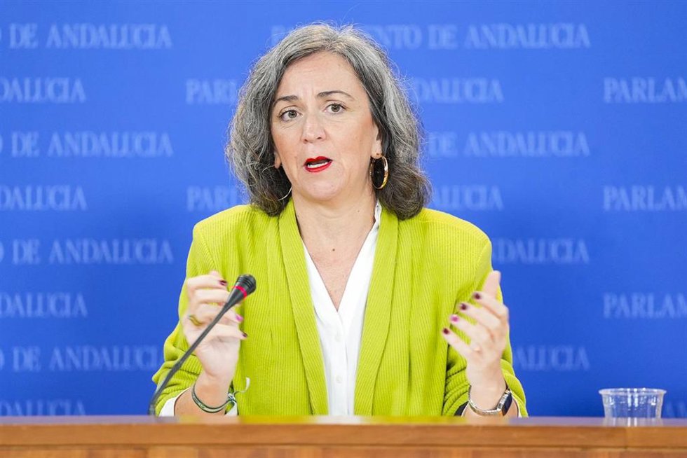 La portavoz adjunta del Grupo Mixto-AdelanteAndalucía, Begoña Iza, durante la ronda de ruedas de prensa de portavoces de los grupos parlamentarios en el Parlamento de Andalucía, a 16 de diciembre de 2025 en Sevilla (Andalucía, España). Los portavoces de