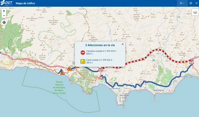 La caída de un cable de alta tensión obliga al corte de un tramo de la A-7 a la altura de Almuñécar