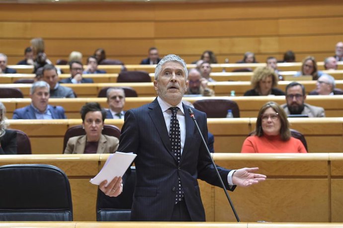 El ministro del Interior, Fernando Grande-Marlaska, interviene durante una sesión de control al Gobierno, en el Senado, a 16 de diciembre de 2025, en Madrid (España). El Gobierno se enfrenta a la última sesión de control en el Senado del año 2025 y contes