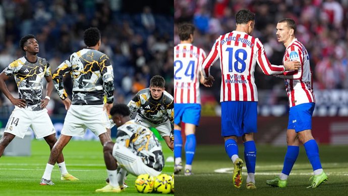 A la izquierda, Aurélien Tchouaméni, Arda Güler y Vinícius Júnior calientan con el Real Madrid; y a la derecha, Marc Pubill y Antoine Griezmann (Atlético de Madrid).