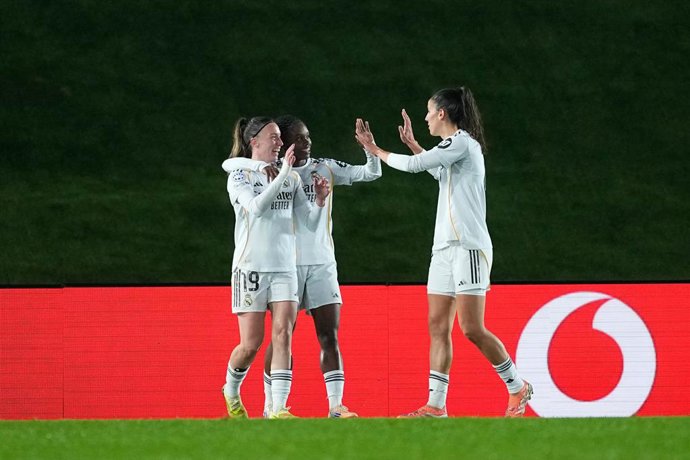 Linda Caicedo of Real Madrid celebrates a goal with teammate Eva Navarro and Rocio Galvez during the UEFA Women’s Champions League 2025/26 League Phase MD5, football match played between Real Madrid CF and VfL Wolfsburg at Alfredo Di Stefano stadium on De
