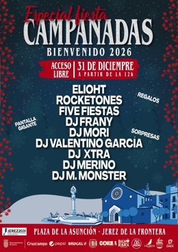 Cartel de la 'Fiesta de Campanadas ¡Bienvenido 2026!' en Jerez.