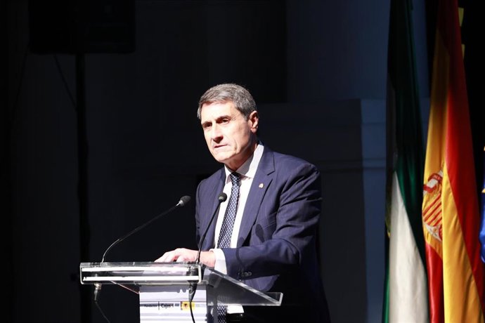 El delegado del Gobierno Pedro Fernández, interviene durante la entrega del Premio Plaza de España. A 12 de diciembre de 2025, en Sevilla (Andalucía, España). (Foto de archivo).