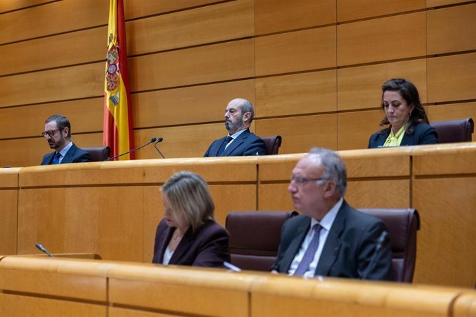 El presidente del Senado, Pedro Rollán (c), durante una sesión plenaria, en el Senado, a 16 de diciembre de 2025, en Madrid (España). 