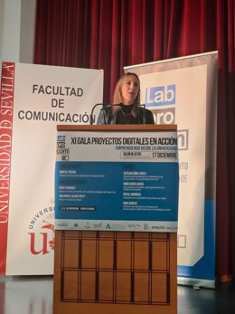 La viceconsejera de Universidad, Investigación e Innovación de la Junta de Andalucía, Lorena Garrido, en la 'XI Gala de Proyectos Digitales en Acción. Emprendiendo desde la Universidad'.