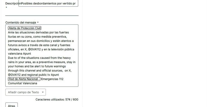 Imagen del borrador de ES-Alert 706 incorporado a la causa de la dana