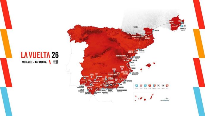 Mapa oficial del recorrido de La Vuelta 26, con salida el 22 de agosto en Mónaco y llegada a Granada el 13 de septiembre