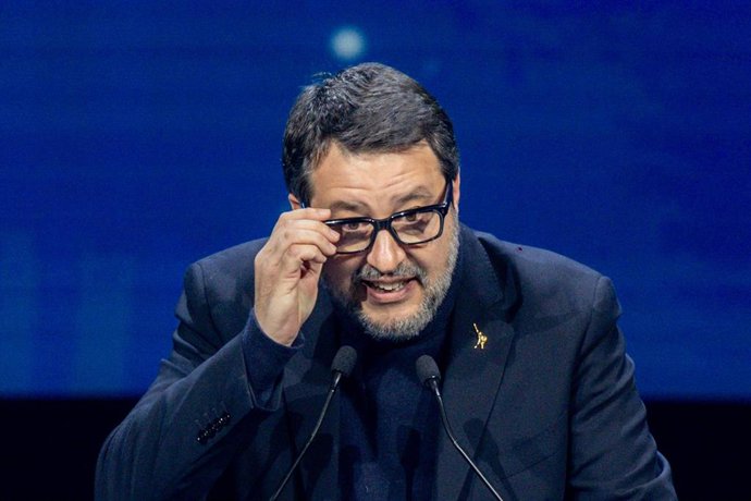 Archivo - El líder de Liga y vicepresidente del Consejo de Ministros de Italia, Matteo Salvini, interviene durante la cumbre ‘Patriots’, en Hotel Marriott Auditorium, a 8 de febrero de 2025, en Madrid (España). Vox ha organizado en Madrid una cumbre de ‘P
