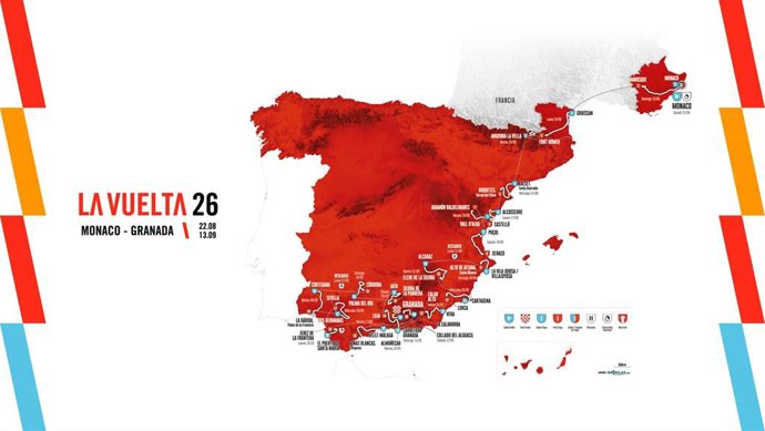 Mapa oficial da rota da La Vuelta 26, que começa em 22 de agosto em Mônaco e termina em Granada em 13 de setembro.