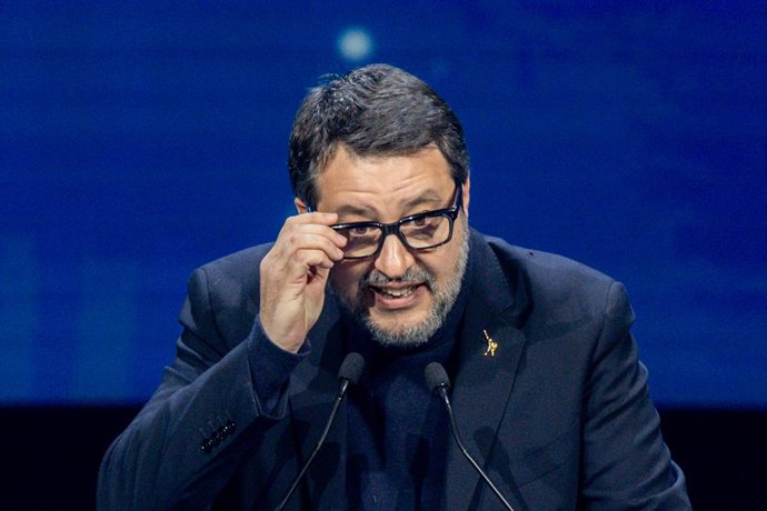 Archivo - El líder de Liga y vicepresidente del Consejo de Ministros de Italia, Matteo Salvini, interviene durante la cumbre ‘Patriots’, en Hotel Marriott Auditorium, a 8 de febrero de 2025, en Madrid (España). Vox ha organizado en Madrid una cumbre de ‘P