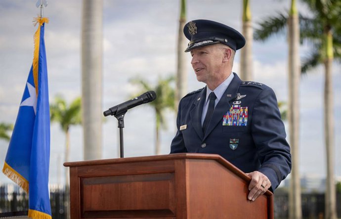 December 12, 2025, Doral, Fl, United States: Incoming acting Commander of U.S. Southern Command Air Force Lt. Gen. Evan L. Pettus delivers remarks during the Southern Command relinquishment of command and retirement ceremony for Navy Adm. Alvin Holsey, at
