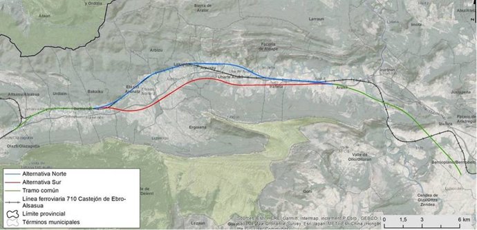 Mapa con las dos alternativas para la conexión de Navarra con la Y Vasca.