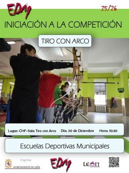 Cartel de la actividad que desarrollará la Escuela Deportiva de Tiro con Arco de León este sábado de iniciación a la competición.