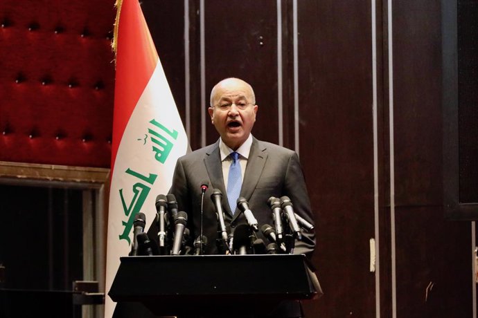 Archivo - BAGHDAD, Feb. 7, 2019  Iraqi President Barham Salih speaks at the opening ceremony of the Baghdad International Book Fair 2019, in Baghdad, Iraq, Feb. 7, 2019. The fair kicked off Thursday with the participation of hundreds of publishers and hig