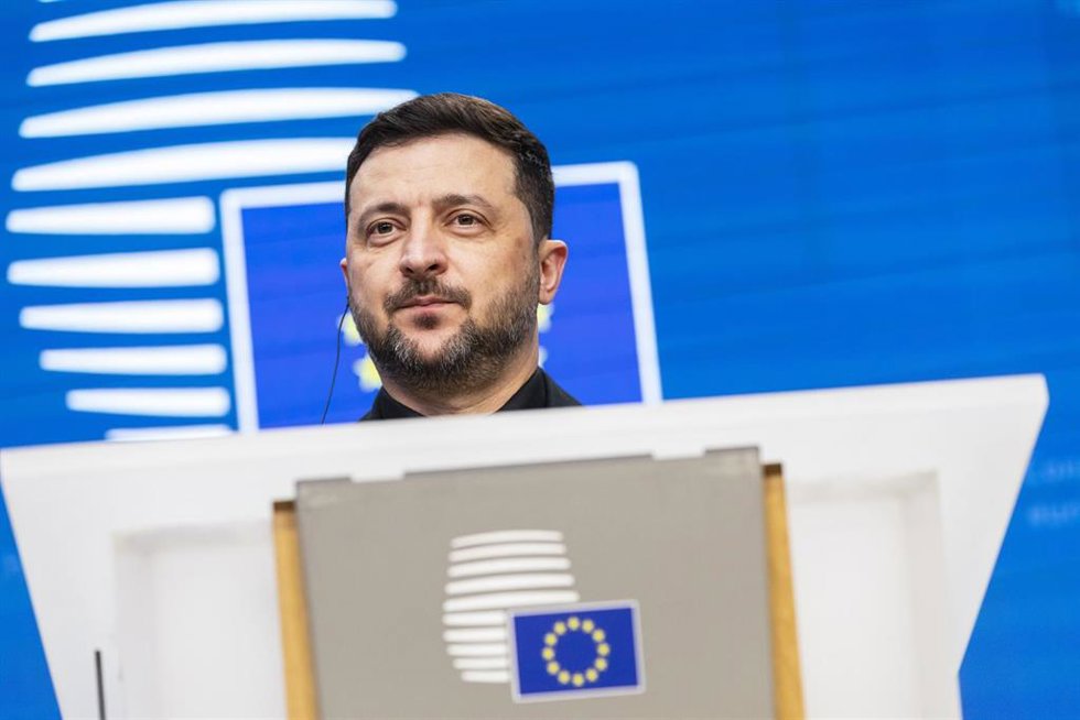 El presidente ucraniano, Volodimir Zelenski, en una rueda de prensa en Bruselas