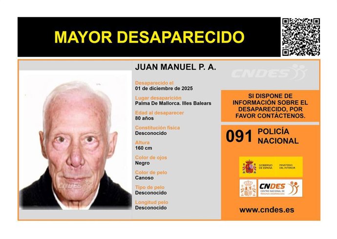 Buscan a un octogenario desaparecido desde el 1 de diciembre en Palma.