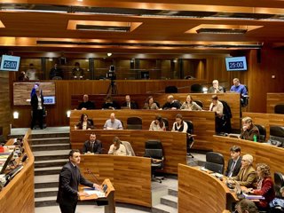 El consejero de Hacienda, Guillermo Peláez, durante su primera intervención este viernes en la Junta General.