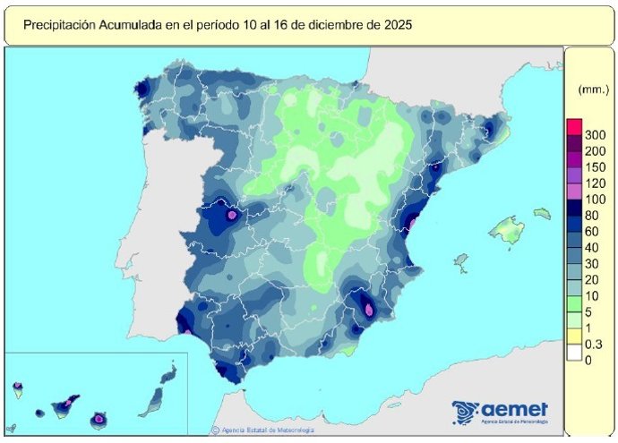 España registra 184 l/m2 de lluvias acumuladas desde el 1 de octubre, un 4% menos de lo habitual.