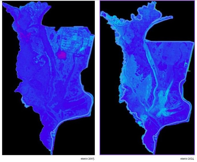 Imágenes de satélite que reflejan el suelo húmedo (azul oscuro) y el agua en superficie (magenta)
