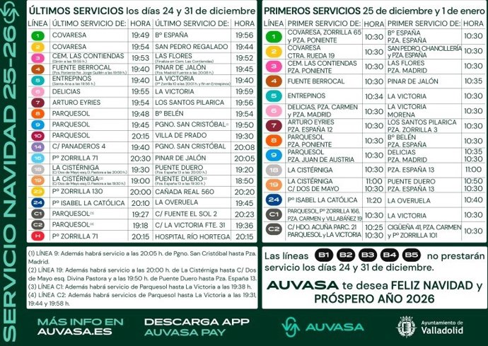 Auvasa adapta las frecuencias y horarios de sus líneas durante el periodo de Navidad