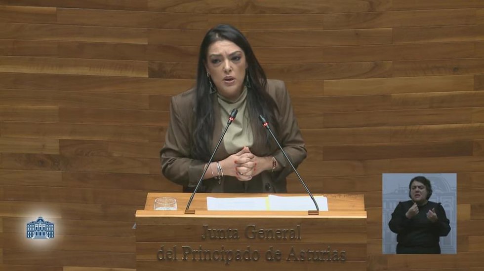 La portavoz parlamentaria de Vox Asturias, Carolina López, durante su intervención en el Pleno de este viernes en la Junta General.