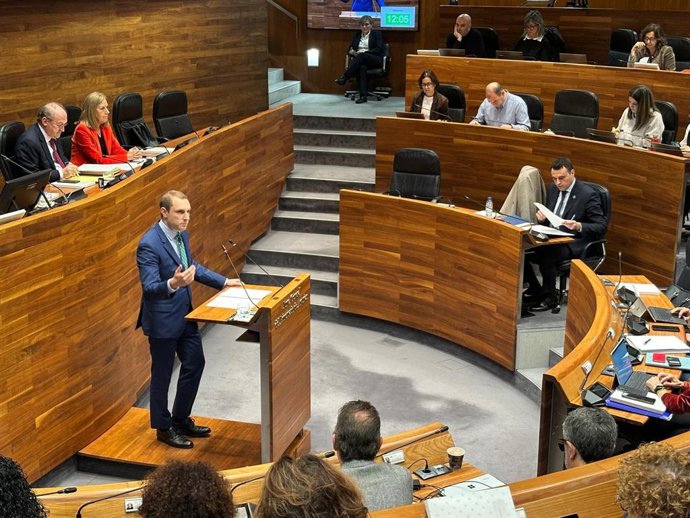 El portavoz de Foro en la Junta General, Adrián Pumares, durante su intervención este viernes en el Pleno de la Junta General.
