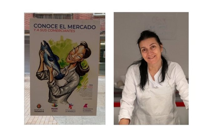 Una de las caricaturas y una de las comerciantes del Mercado de La Rondilla.