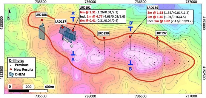 Figure 1 - La Romana gravity anomaly map showing locations of new drillholes LRD187 to LRD192, and cross-section locations A-A’ (Figure 2) and B-B’ (Figure 3)