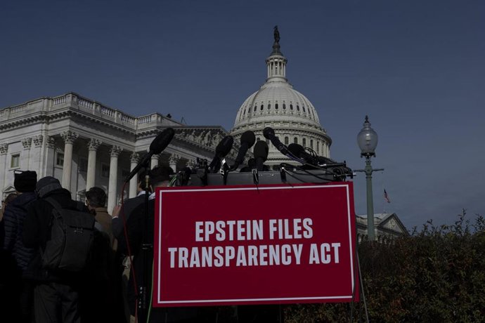 Archive - Banner in front of the Capitol demanding the release of the Epstein files