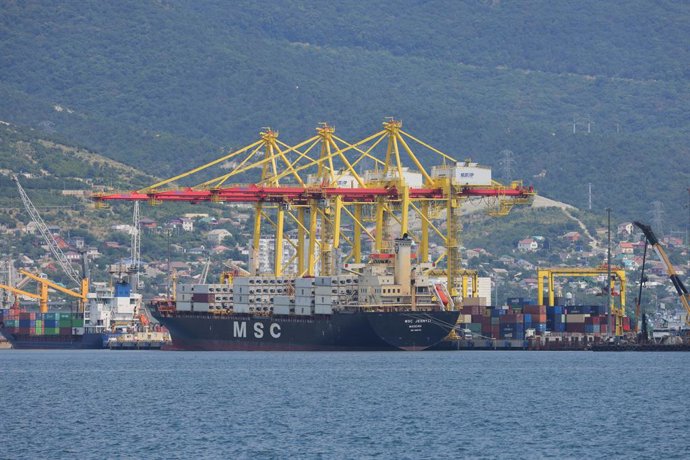 Archivo - RÚSSIA, REGIÃO DE KRASNODAR - 19 de julho de 2025: Um navio de contêineres está ancorado na Baía de Tsemes, na cidade portuária de Novorossiysk, no Mar Negro