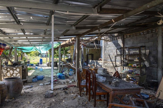 December 19, 2025, Buriram, Buriram, Thailand: A civilian building in southern Surin province, Thailand nine kilometers from the frontline stands heavily damaged from a Cambodian BM - 21 rocket attack. Over 650,000 people have been forced to flee their ho