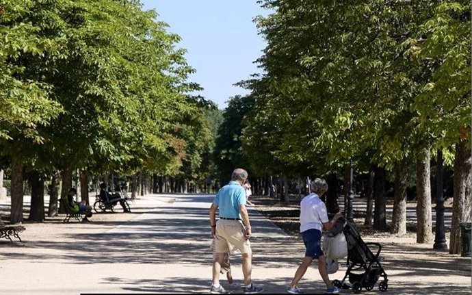 Archivo - Unos abuelos paseando a su nieto.